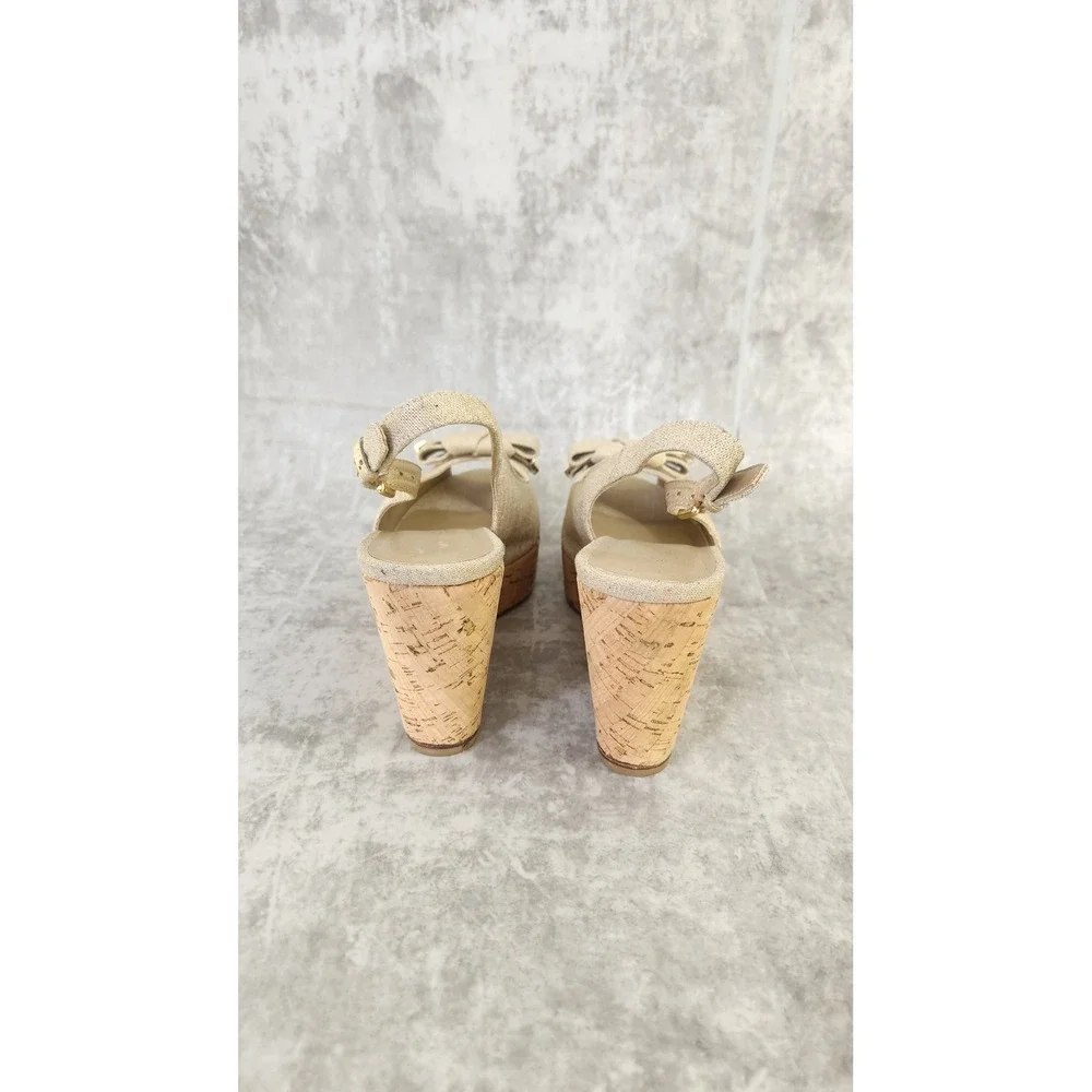 Stuart Weitzman Wedge Sandal Womens 9M Gold Linen Cork Peep Toe Bow Quiet Luxury - Picture 6 of 12